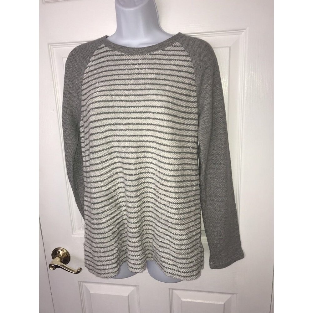 J Jill Gray Stripes Raglan Sleeves Knit Cotton French Terry Pullover Sz XS